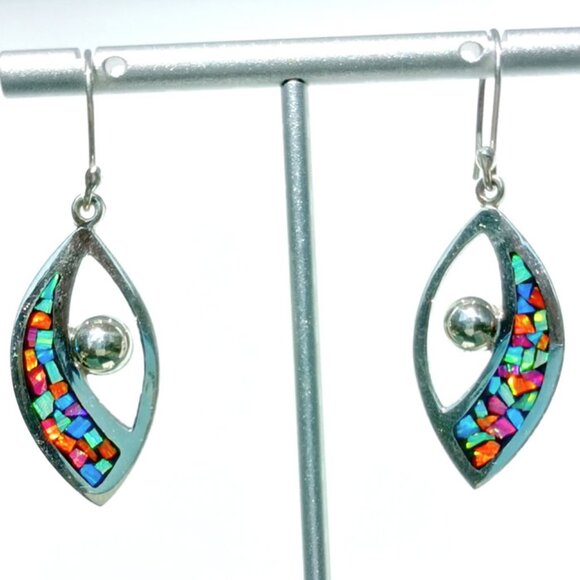 Rainbow Tear Drop Statement Earrings - Lab Grown Opal Sterling Silver for her - Picture 4 of 7
